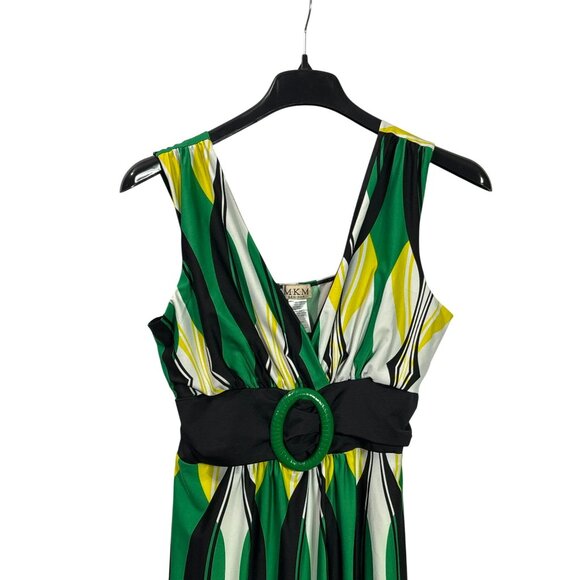 Vtg Y2K Sleeveless Dress A-Line Midi Geometric Print Faux Belt XL MKM Designs - Picture 2 of 8